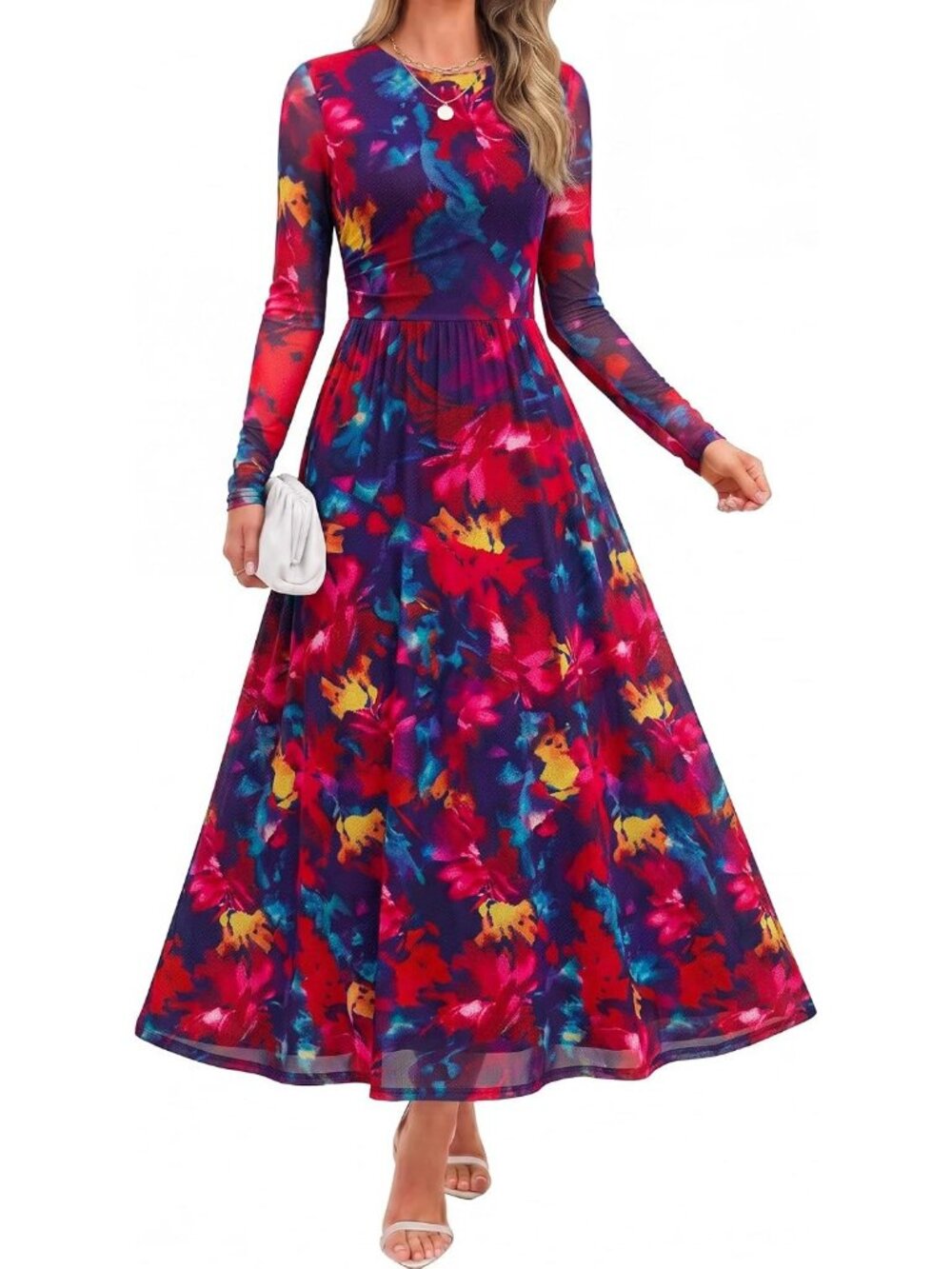 Women's Vintagered Crewneck Maxi Long Sleeve Slimming Cocktail Party Dresses